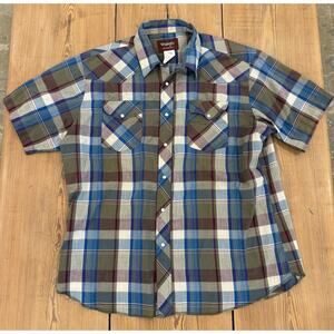 Wrangler Plain Pearl Snap Button Up Short Sleeve Green Blue Brown XL